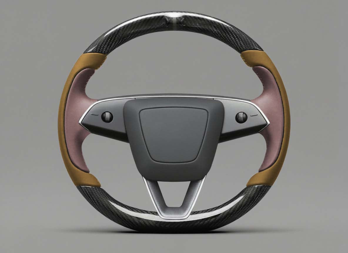 Brown and light pink Carbon Fiber Tesla Model Y Juniper Steering Wheel For Lady's -Track Master(2023.9+) Axeco