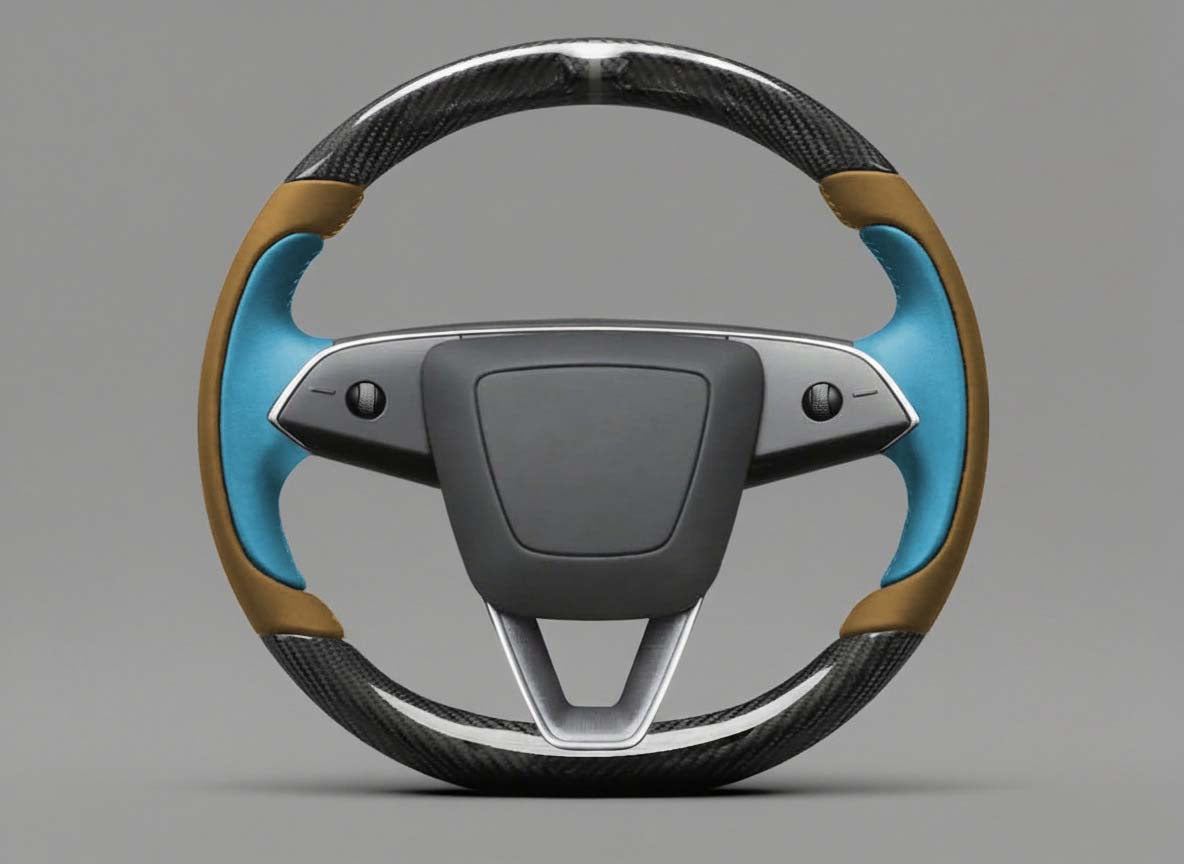 Brown and sky blue Carbon Fiber Tesla Model Y Juniper Steering Wheel For Lady's -Track Master(2023.9+) Axeco