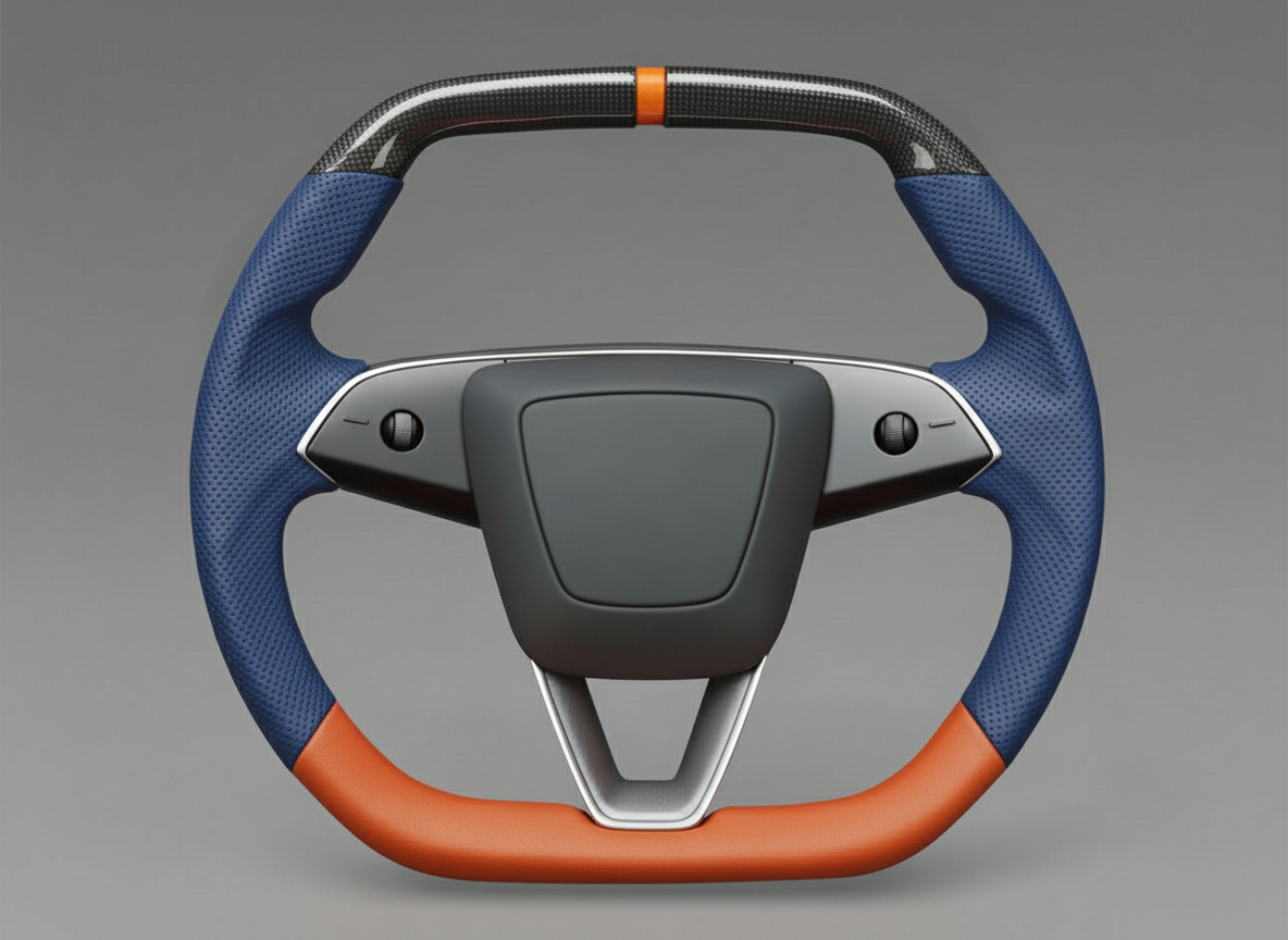 Blue and orange Leather Carbon Fiber Customize Tesla mode 3 highland Steering Wheel - Super Enhancer(2023.9+) Axeco
