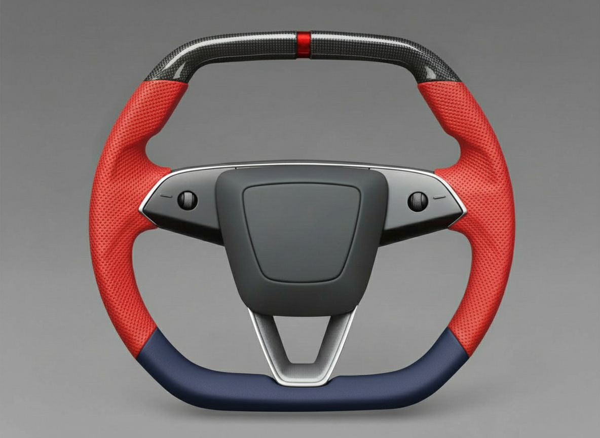 Red and Blue Leather Carbon Fiber Customize Tesla mode 3 highland Steering Wheel - Super Enhancer(2023.9+) Axeco