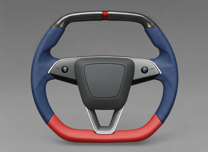 Blue and red Leather Carbon Fiber Customize Tesla mode 3 highland Steering Wheel - Super Enhancer(2023.9+) Axeco
