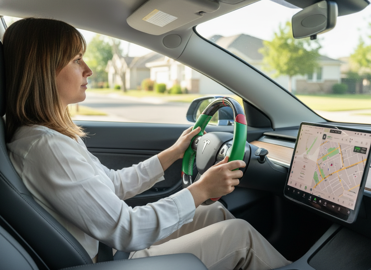 Green and red Carbon Fiber Tesla Model 3 Custom Steering Wheel -DYNA(2017-2023.9) Axeco