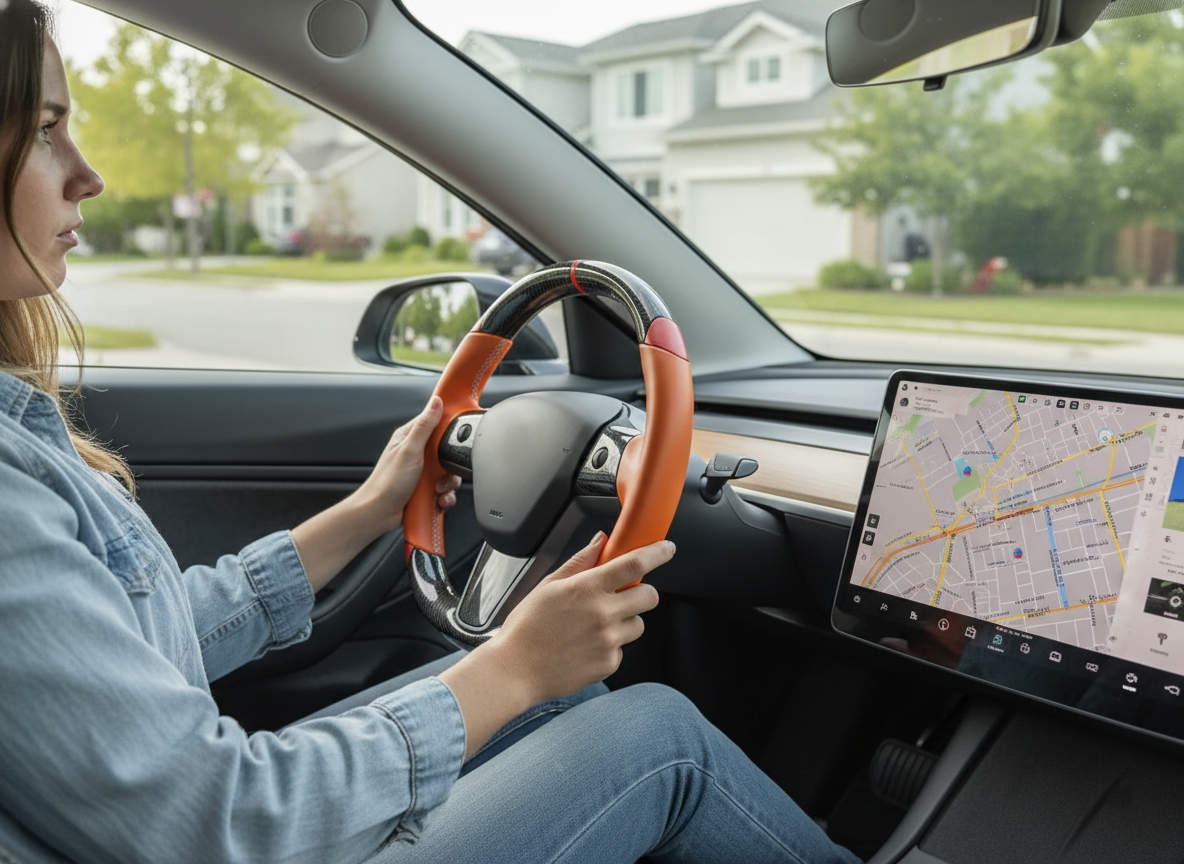 Orange and red Carbon Fiber Tesla Model 3 Custom Steering Wheel -DYNA(2017-2023.9) Axeco