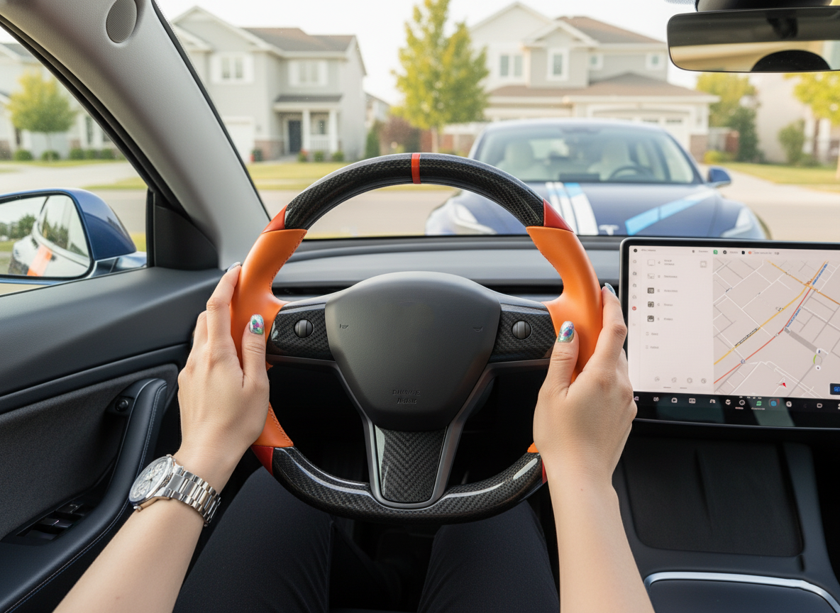 Orange and red Carbon Fiber Tesla Model 3 Custom Steering Wheel -DYNA(2017-2023.9) Axeco