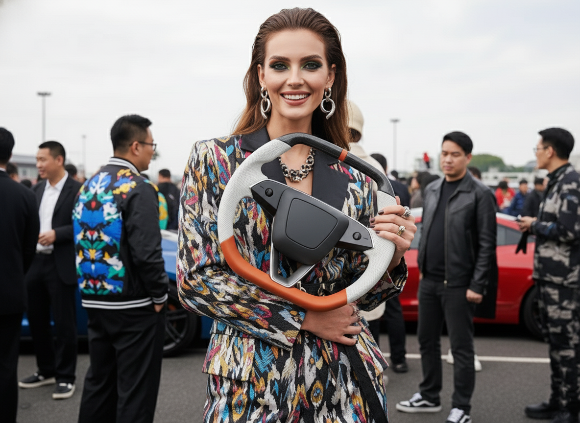 White and orange Leather Carbon Fiber Customize Tesla model 3 highland Steering Wheel - Super Enhancer(2023.9+) Axeco