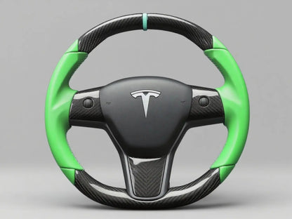 Green leather black carbon fiber Tesla Model Y steering wheel - DYNA (2020-2024) Axeco