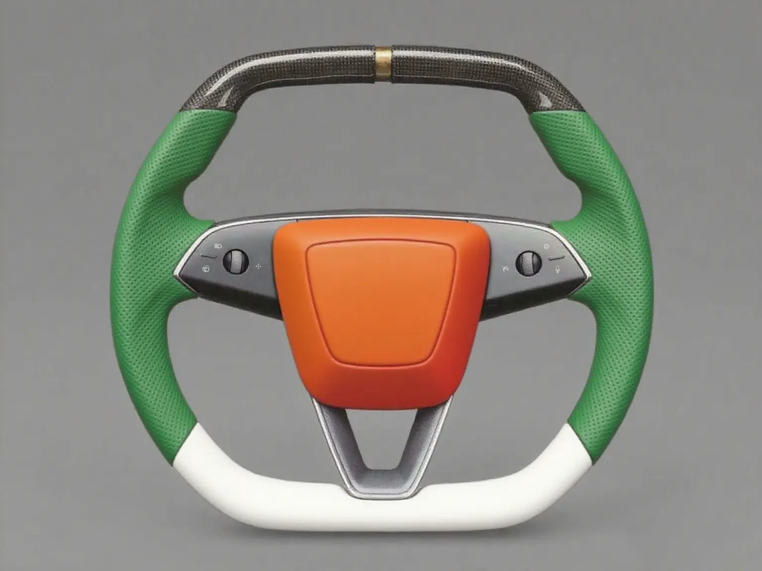 Green, orange, and white carbon fiber Tesla Model YL steering wheel - Super Enhancer (2025.8) Axeco