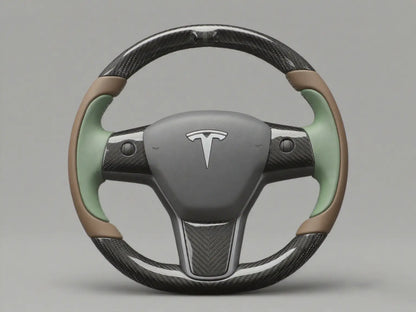 Light Brown and Mint Green Carbon Fiber Tesla model 3 Steering Wheel -Track Master(2023.9+) Axeco