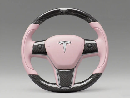 Light pink and black carbon fiber Tesla Model 3 steering wheel - Track Master (2017-2023.8) Axeco