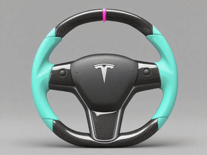 Mint Green Carbon Fiber Tesla Model 3 Steering Wheel-Track Master(2017.2023.8) Axeco