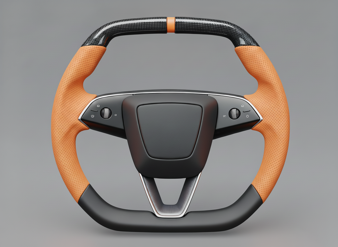 Warm orange Leather Carbon Fiber Customize Tesla Model Y Juniper Steering Wheel - Super Enhancer (2025+) Axeco