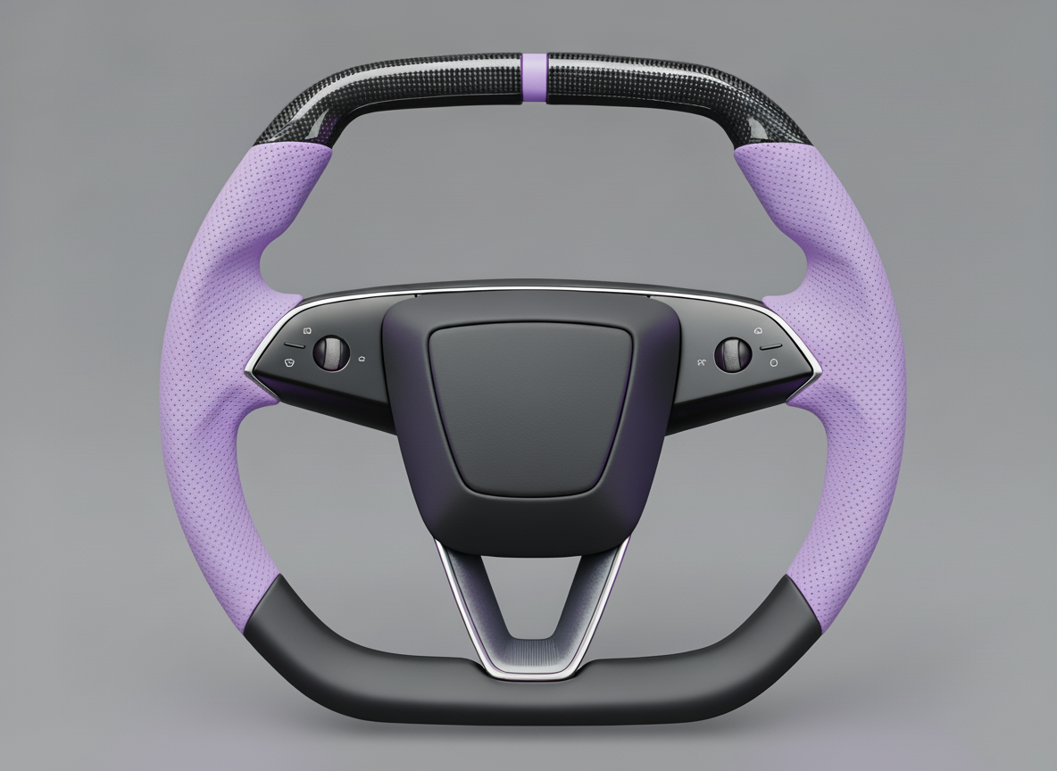 Light purple Leather Carbon Fiber Customize Tesla Model Y Juniper Steering Wheel - Super Enhancer (2025+) Axeco