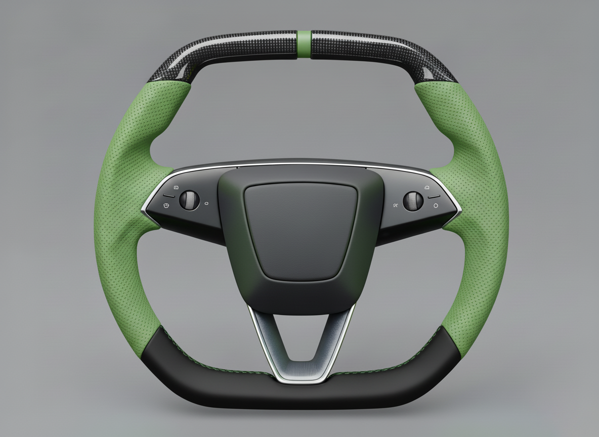 Forest Green Leather Carbon Fiber Customize Tesla Model Y Juniper Steering Wheel - Super Enhancer (2025+) Axeco