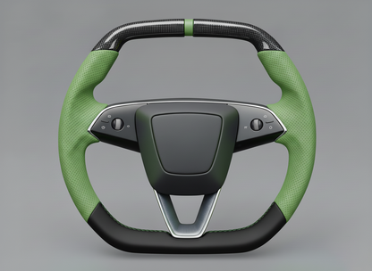 Forest Green Leather Carbon Fiber Customize Tesla Model Y Juniper Steering Wheel - Super Enhancer (2025+) Axeco