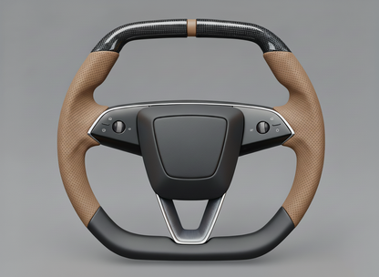 Brown Leather Carbon Fiber Customize Tesla Model Y Juniper Steering Wheel - Super Enhancer (2025+) Axeco