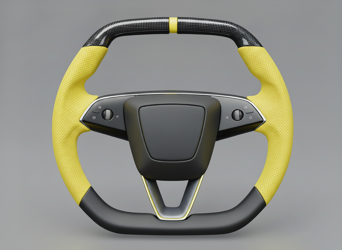 Bright yellow Leather Carbon Fiber Customize Tesla Model Y Juniper Steering Wheel - Super Enhancer (2025+) Axeco
