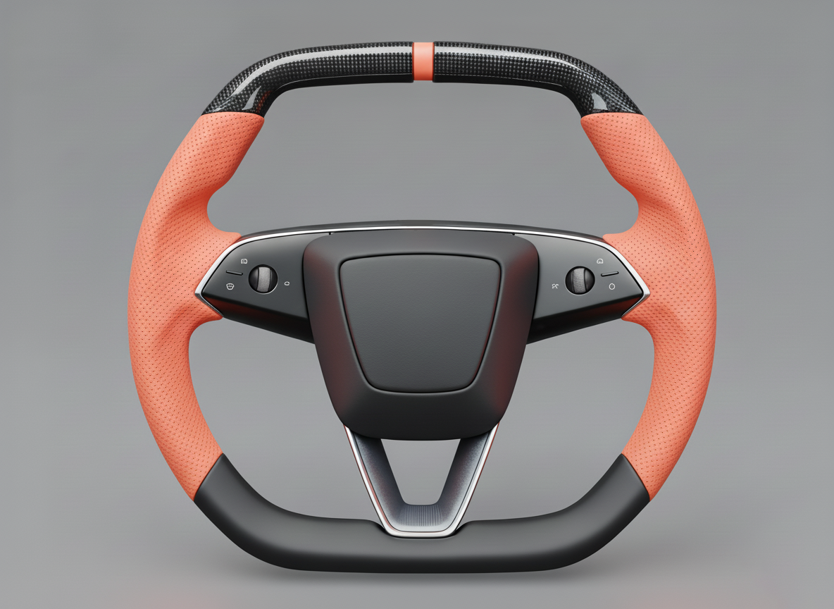 Warm orange Leather Carbon Fiber Customize Tesla Model Y Juniper Steering Wheel - Super Enhancer (2025+) Axeco