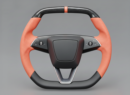Warm orange Leather Carbon Fiber Customize Tesla Model Y Juniper Steering Wheel - Super Enhancer (2025+) Axeco