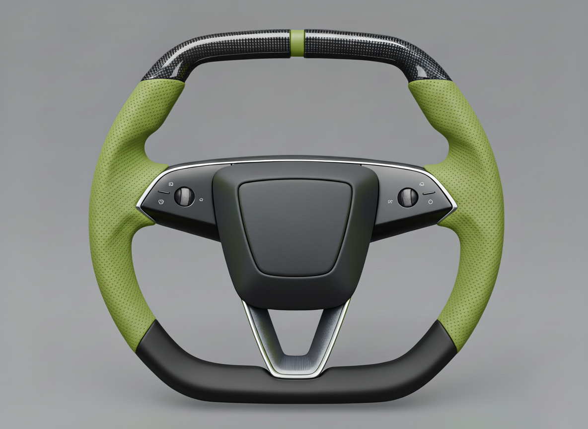 Green Leather Carbon Fiber Customize Tesla Model Y Juniper Steering Wheel - Super Enhancer (2025+) Axeco