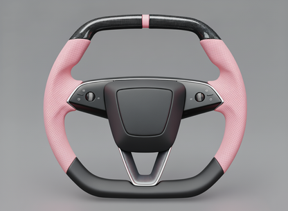 Pink Leather Carbon Fiber Customize Tesla Model Y Juniper Steering Wheel - Super Enhancer (2025+) Axeco