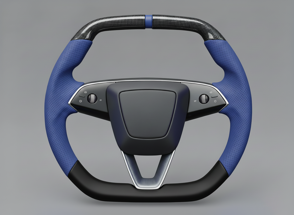 Navy blue Leather Carbon Fiber Customize Tesla Model Y Juniper Steering Wheel - Super Enhancer (2025+) Axeco