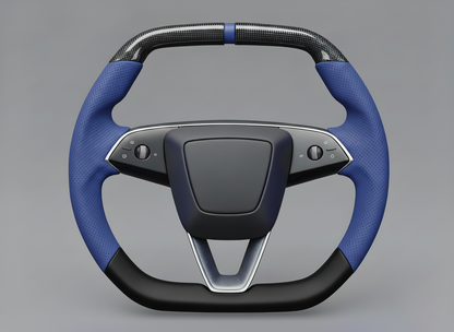 Navy blue Leather Carbon Fiber Customize Tesla Model Y Juniper Steering Wheel - Super Enhancer (2025+) Axeco