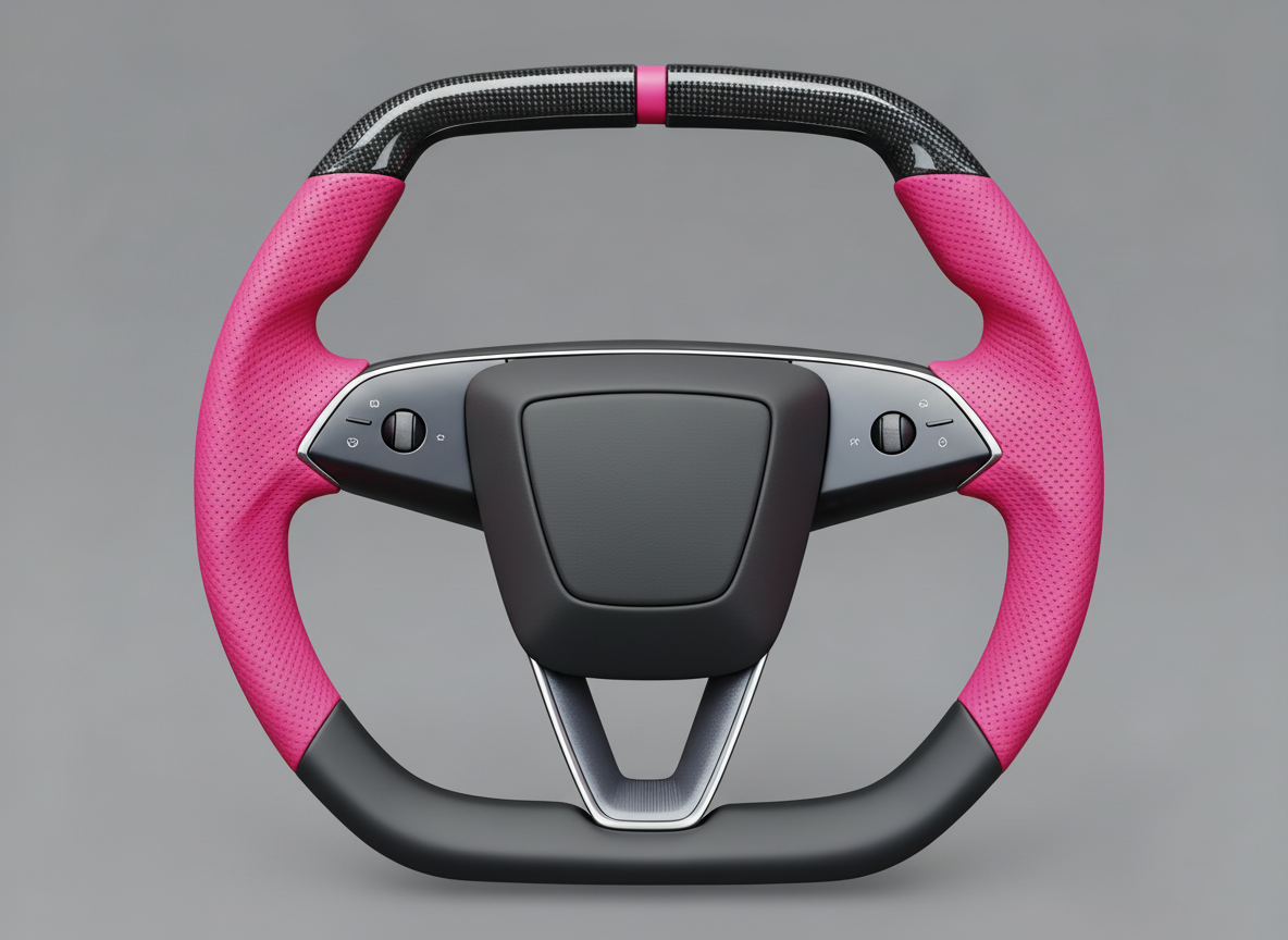 Pink Leather Carbon Fiber Customize Tesla Model Y Juniper Steering Wheel - Super Enhancer (2025+) Axeco