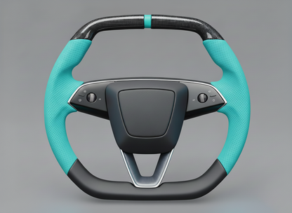 Mint Ice Blue Leather Carbon Fiber Customize Tesla Model Y Juniper Steering Wheel - Super Enhancer (2025+) Axeco