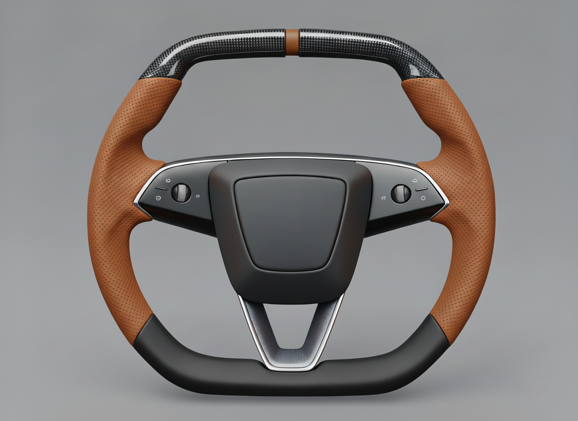Dark brown Leather Carbon Fiber Customize Tesla Model Y Juniper Steering Wheel - Super Enhancer (2025+) Axeco