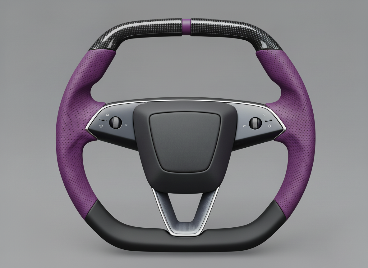 Deep purple Leather Carbon Fiber Customize Tesla Model Y Juniper Steering Wheel - Super Enhancer (2025+) Axeco