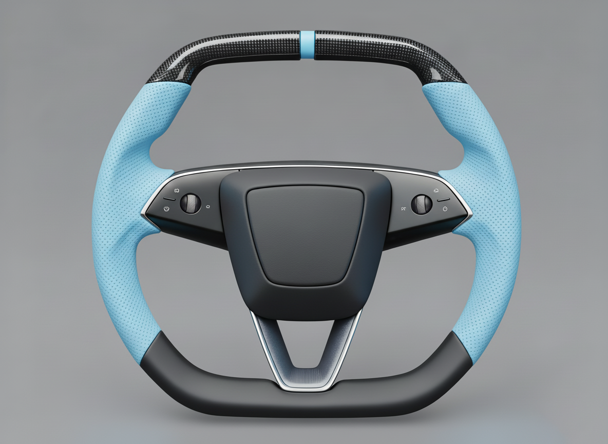 Light blue Leather Carbon Fiber Customize Tesla Model Y Juniper Steering Wheel - Super Enhancer (2025+) Axeco