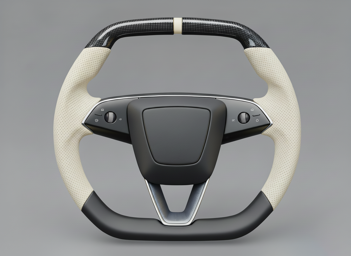 Milky white Leather Carbon Fiber Customize Tesla Model Y Juniper Steering Wheel - Super Enhancer (2025+) Axeco