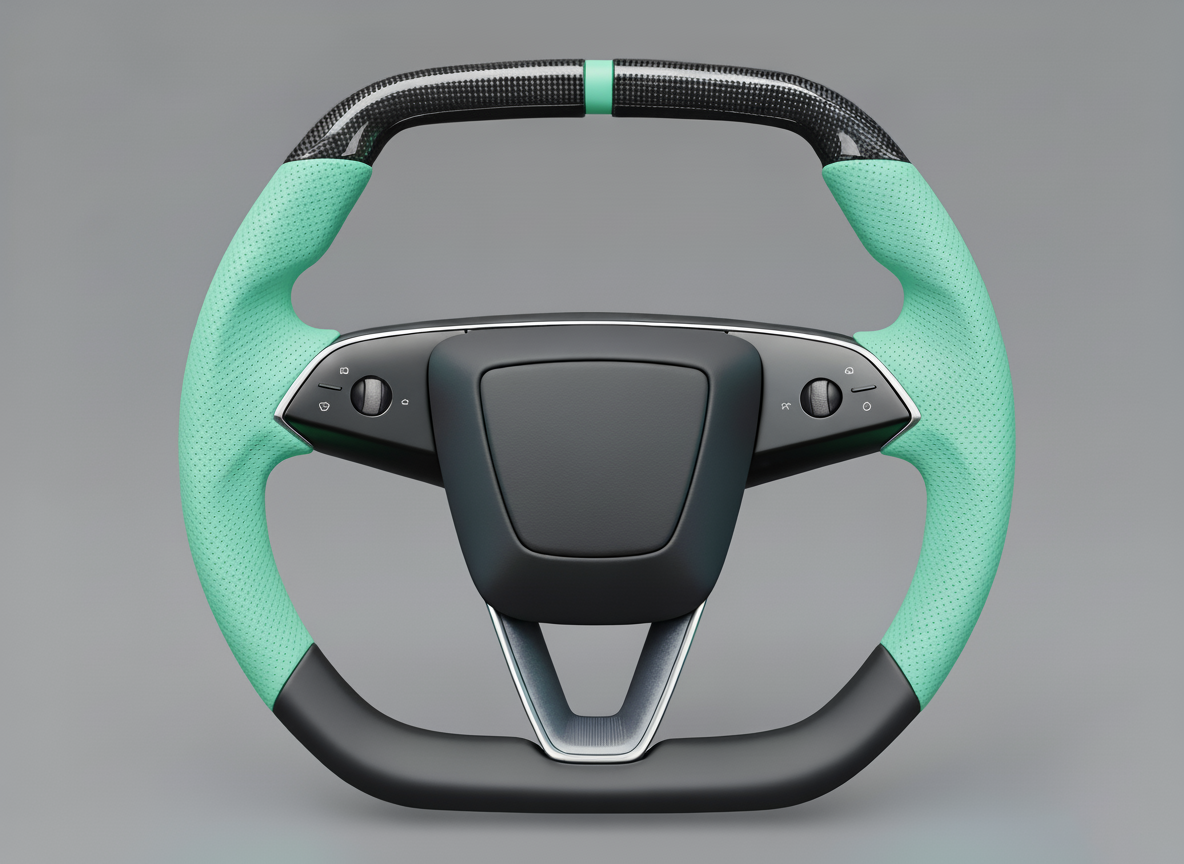 Mint Green Leather Carbon Fiber Customize Tesla Model Y Juniper Steering Wheel - Super Enhancer (2025+) Axeco