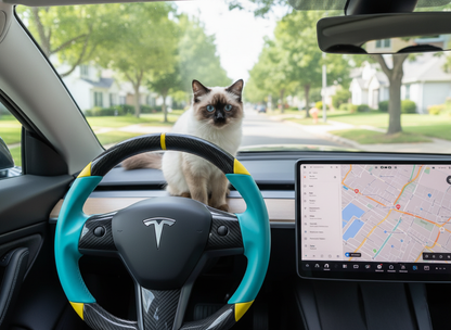 Light blue and yellow Carbon Fiber Tesla Model 3 Custom Steering Wheel -DYNA(2017-2023.9) Axeco