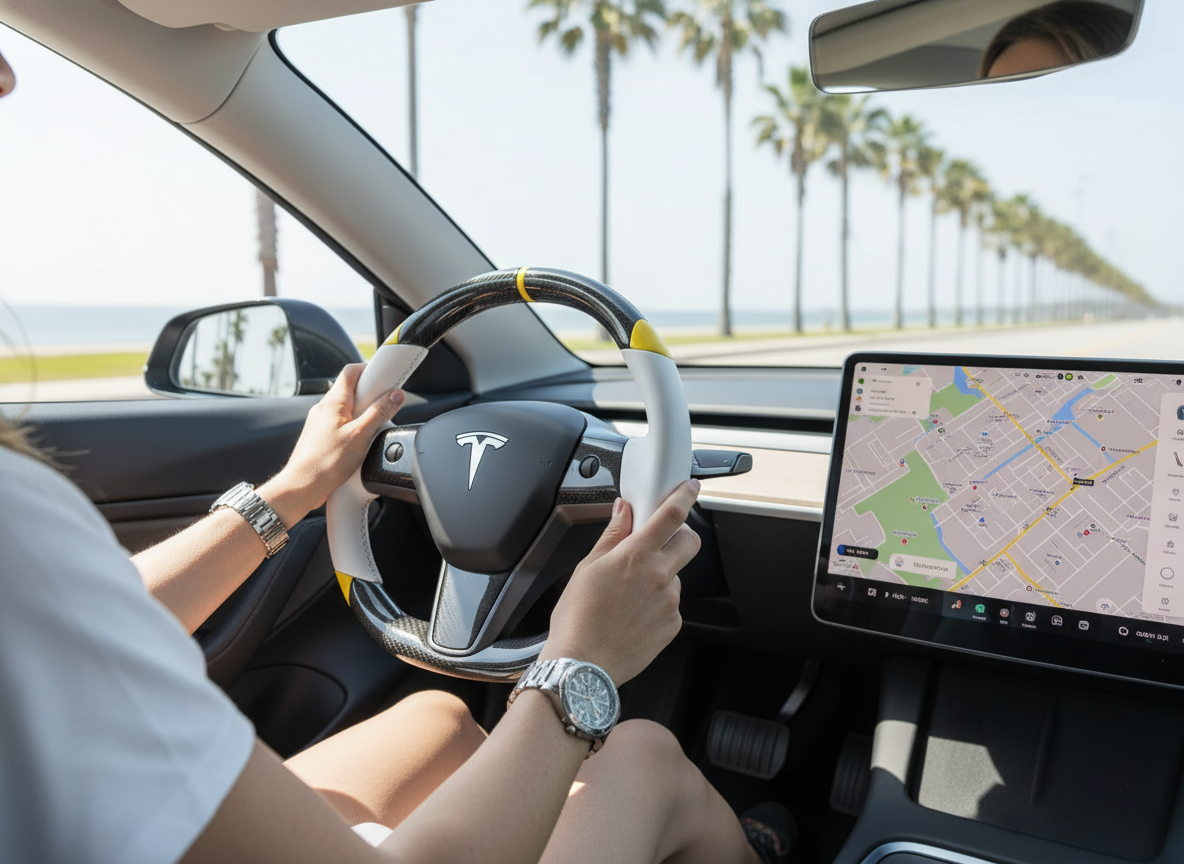 White and yellow Carbon Fiber Tesla Model 3 Custom Steering Wheel -DYNA(2017-2023.9) Axeco