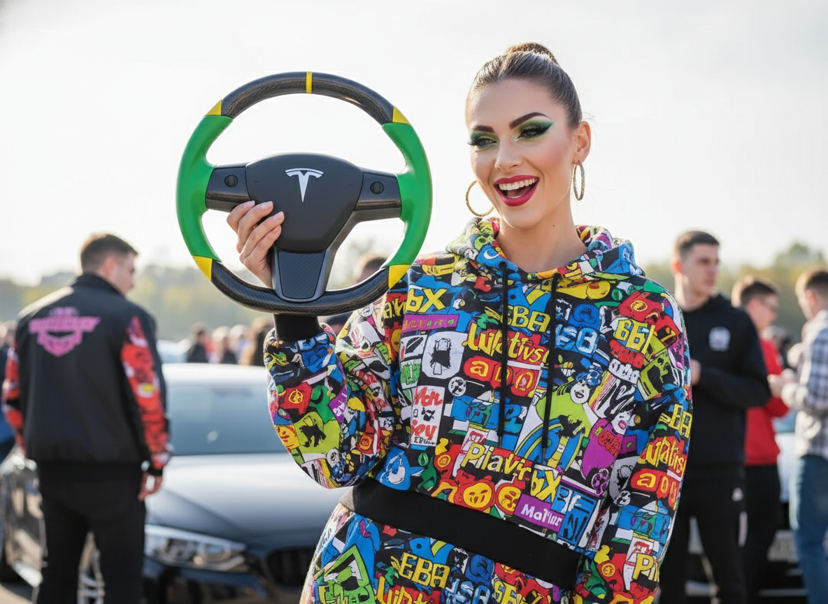 Green and yellow Carbon Fiber Tesla Model 3 Custom Steering Wheel -DYNA(2017-2023.9) Axeco