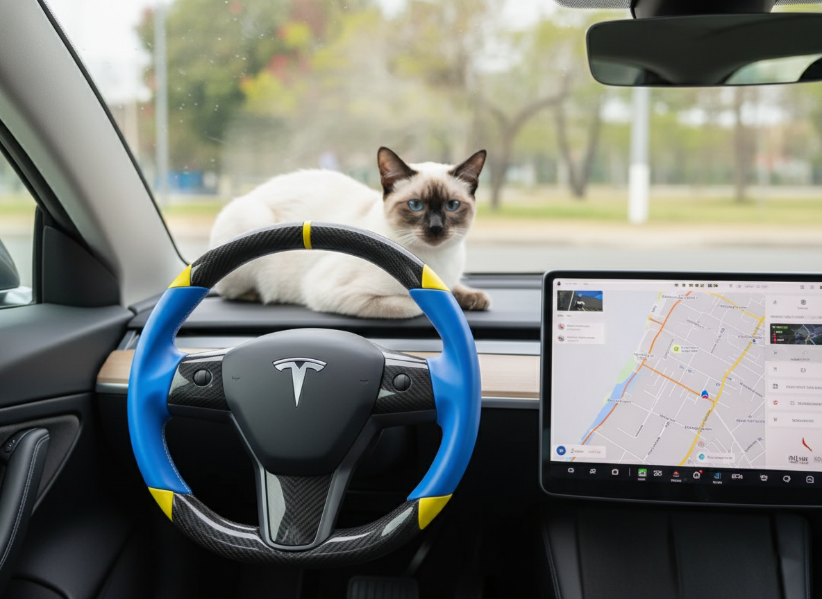 Blue and yellow Carbon Fiber Tesla Model 3 Custom Steering Wheel -DYNA(2017-2023.9) Axeco