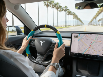 Light blue and yellow Carbon Fiber Tesla Model 3 Custom Steering Wheel -DYNA(2017-2023.9) Axeco