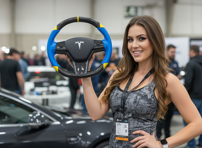 Blue and yellow Carbon Fiber Tesla Model 3 Custom Steering Wheel -DYNA(2017-2023.9) Axeco