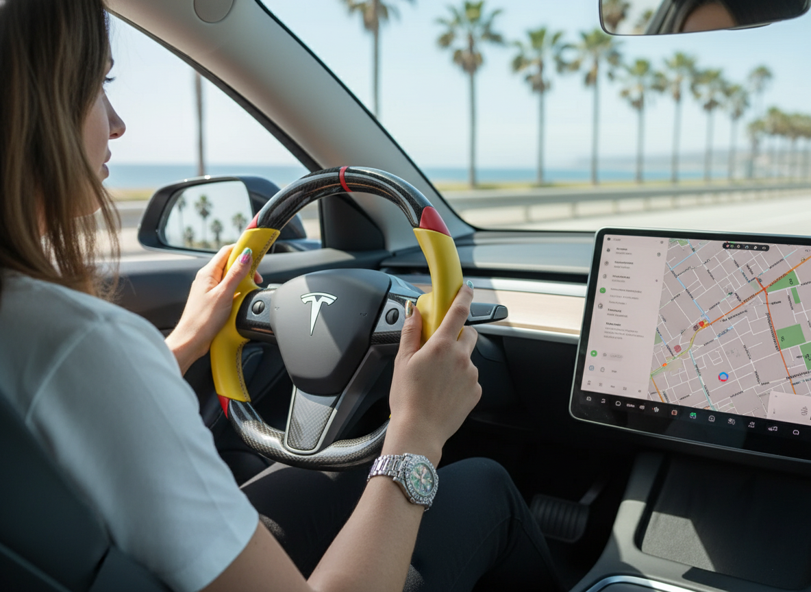 Yellow and red Carbon Fiber Tesla Model 3 Custom Steering Wheel -DYNA(2017-2023.9) Axeco