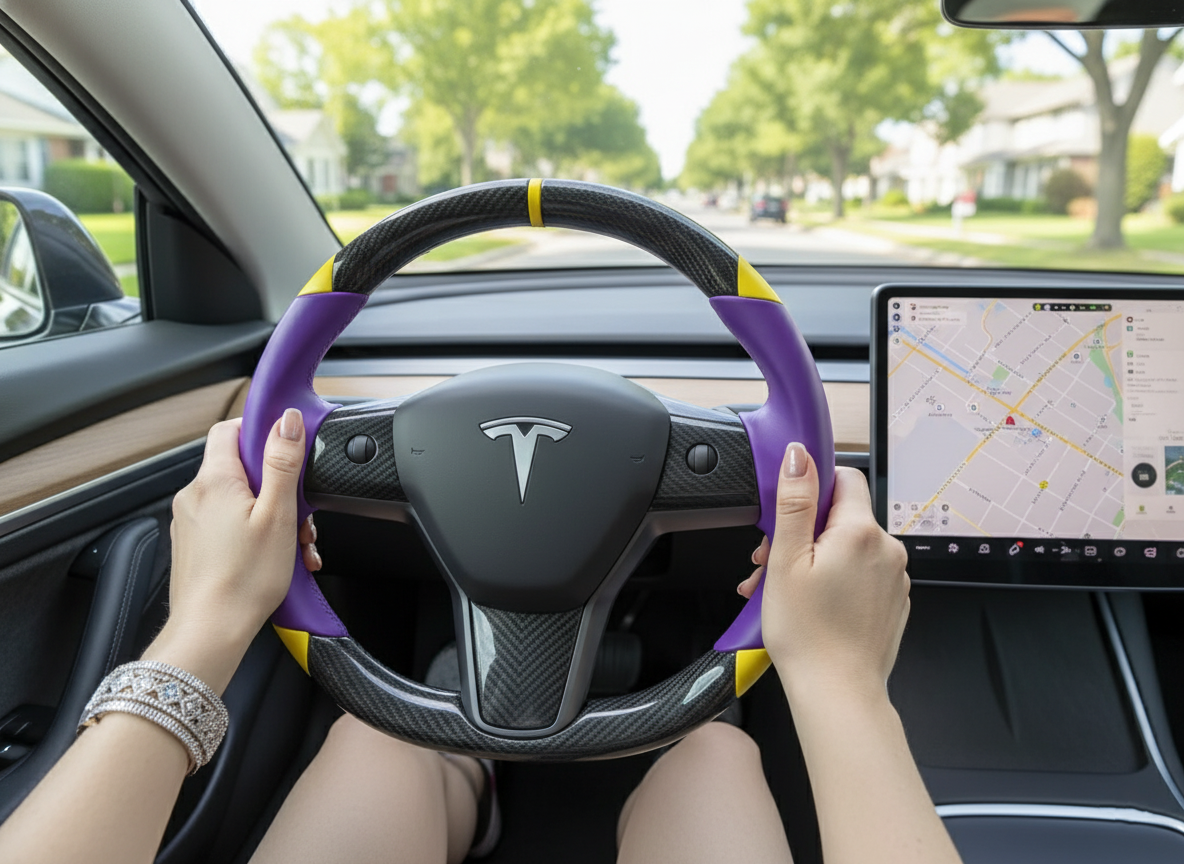 Purple and yellow Carbon Fiber Tesla Model 3 Custom Steering Wheel -DYNA(2017-2023.9) Axeco