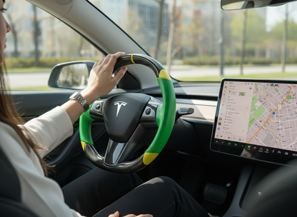 Green and yellow Carbon Fiber Tesla Model 3 Custom Steering Wheel -DYNA(2017-2023.9) Axeco