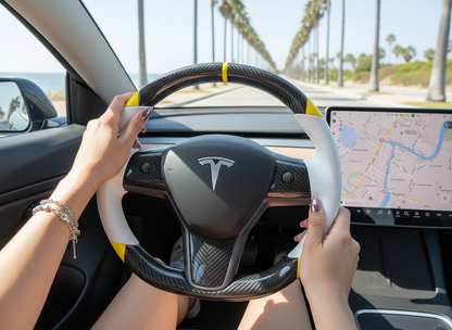 White and yellow Carbon Fiber Tesla Model 3 Custom Steering Wheel -DYNA(2017-2023.9) Axeco