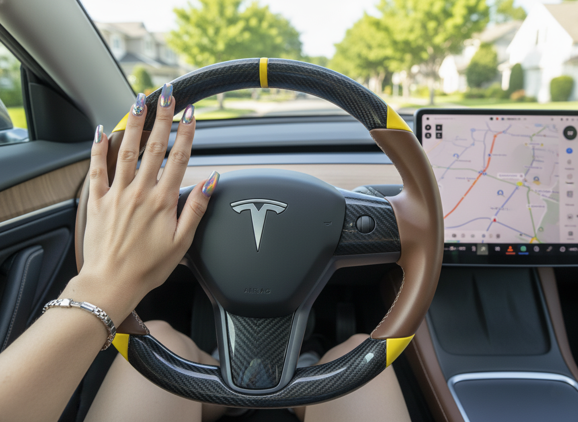 Brown and yellow Carbon Fiber Tesla Model 3 Custom Steering Wheel -DYNA(2017-2023.9) Axeco