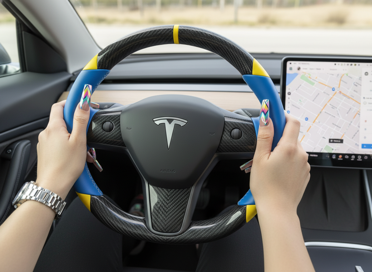 Blue and yellow Carbon Fiber Tesla Model 3 Custom Steering Wheel -DYNA(2017-2023.9) Axeco