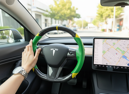 Green and yellow Carbon Fiber Tesla Model 3 Custom Steering Wheel -DYNA(2017-2023.9) Axeco