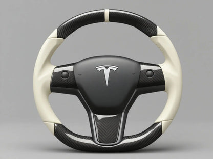 Off-white and black carbon fiber Tesla Model Y steering wheel - DYNA (2020-2024) Axeco