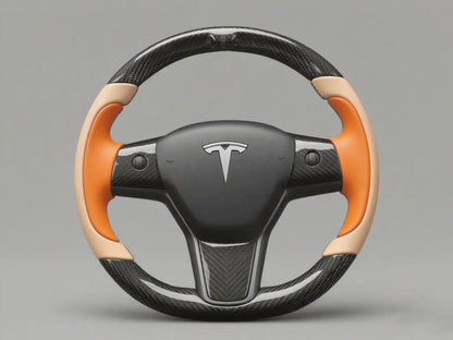 Orange-Light Beige Carbon Fiber Tesla model 3 Steering Wheel -Track Master(2023.9+) Axeco