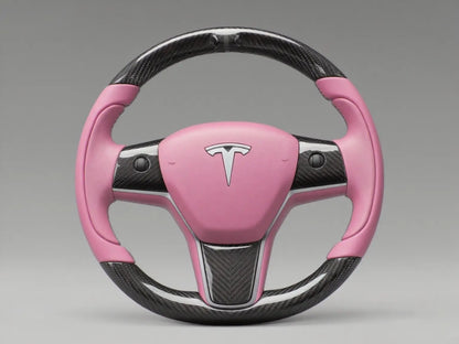 Pink and Black Carbon Fiber Tesla Model 3 Steering Wheel - Track Master (2017.2023.8) Axeco