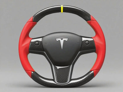 Red Black and Yellow Carbon Fiber Tesla Model 3 Steering Wheel-Track Master(2017.2023.8) Axeco